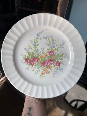 Floral Dinner Plate with Pink Rose Design. Semi Vitreous by Edwin M. Knowles USA